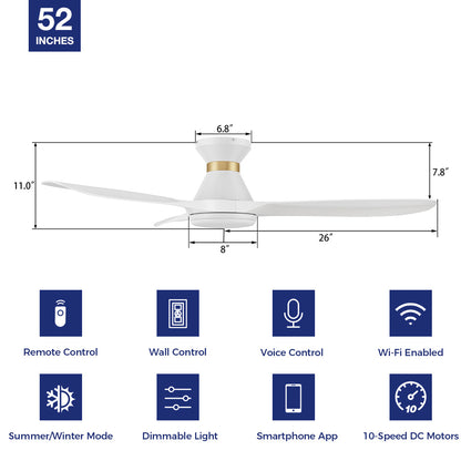 Kore 52&quot; flush mount smart ceiling fan in white with light and 10-speed DC motor. 