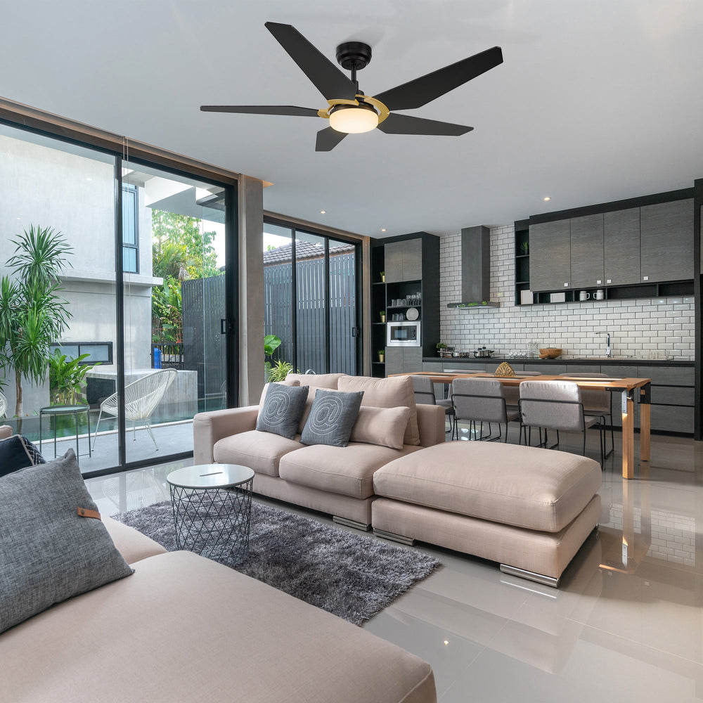 The fan boasts a simple design with a Black finish, elegant Plywood blades and an integrated 4000K LED cool light. Additionally, the fan comes equipped with a remote control to allow you to easily set your fan preferences. 