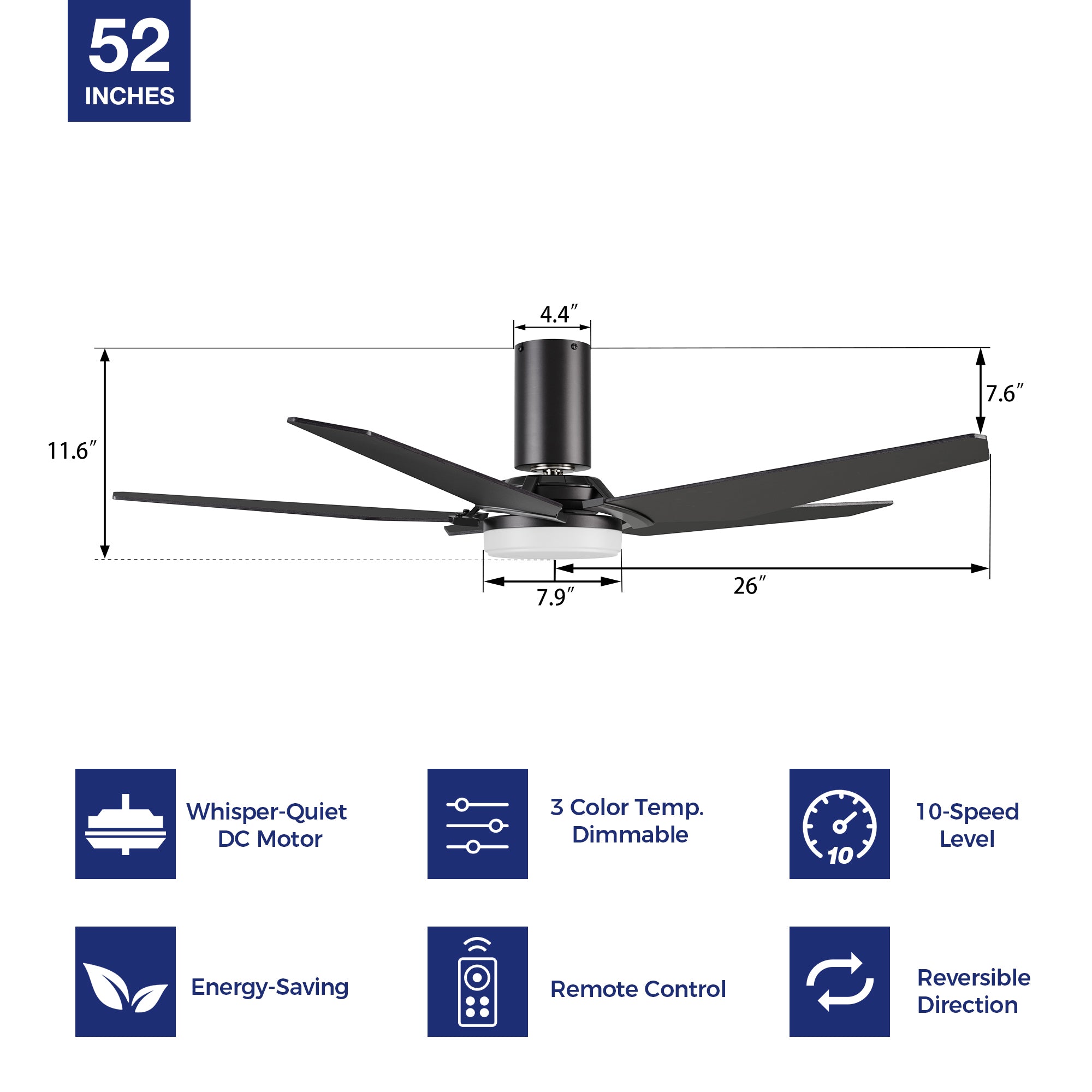 Upgrade your environment with a 52-inch low-profile ceiling fan. Benefit from a remote-controlled 10-speed adjustable DC motor, 3-color temperature dimmable light, and efficient 4500 CFM airflow. Embrace whisper-quiet cooling in style with an energy-efficient dc motor. 5-plywood blades, durable and high-quality. #color_black