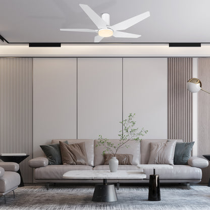The fan boasts a simple design with a White finish, elegant Plywood blades and an integrated 4000K LED cool light. Additionally, the fan comes equipped with a remote control to allow you to easily set your fan preferences. 