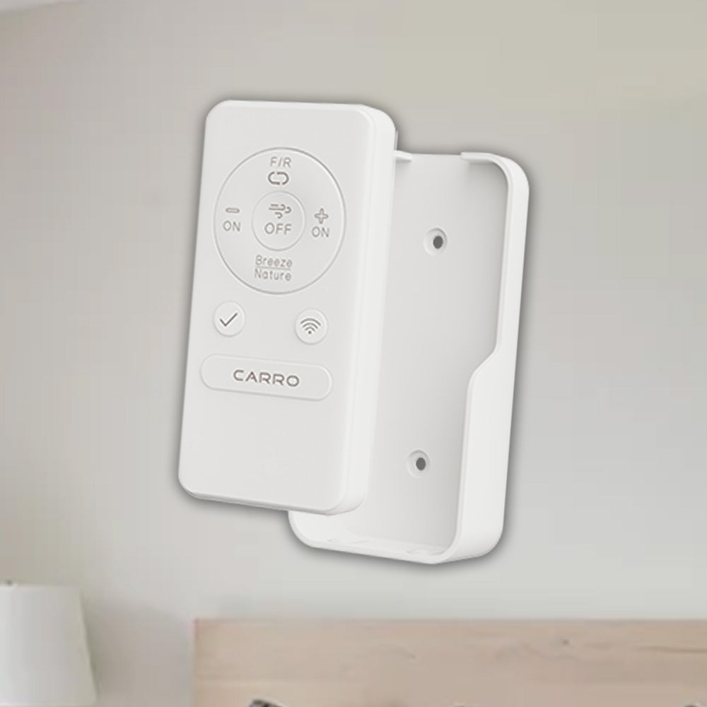 CARRO smart ceiling fan white remote control with wall-mount cradle holder, featuring forward/reverse, breeze nature, and speed control buttons.