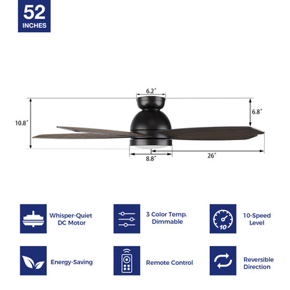 52inch low-profile black ceiling fan with 3-color dimmable light, featuring with 10-speed reversible quiet dc motor and remote control. It&