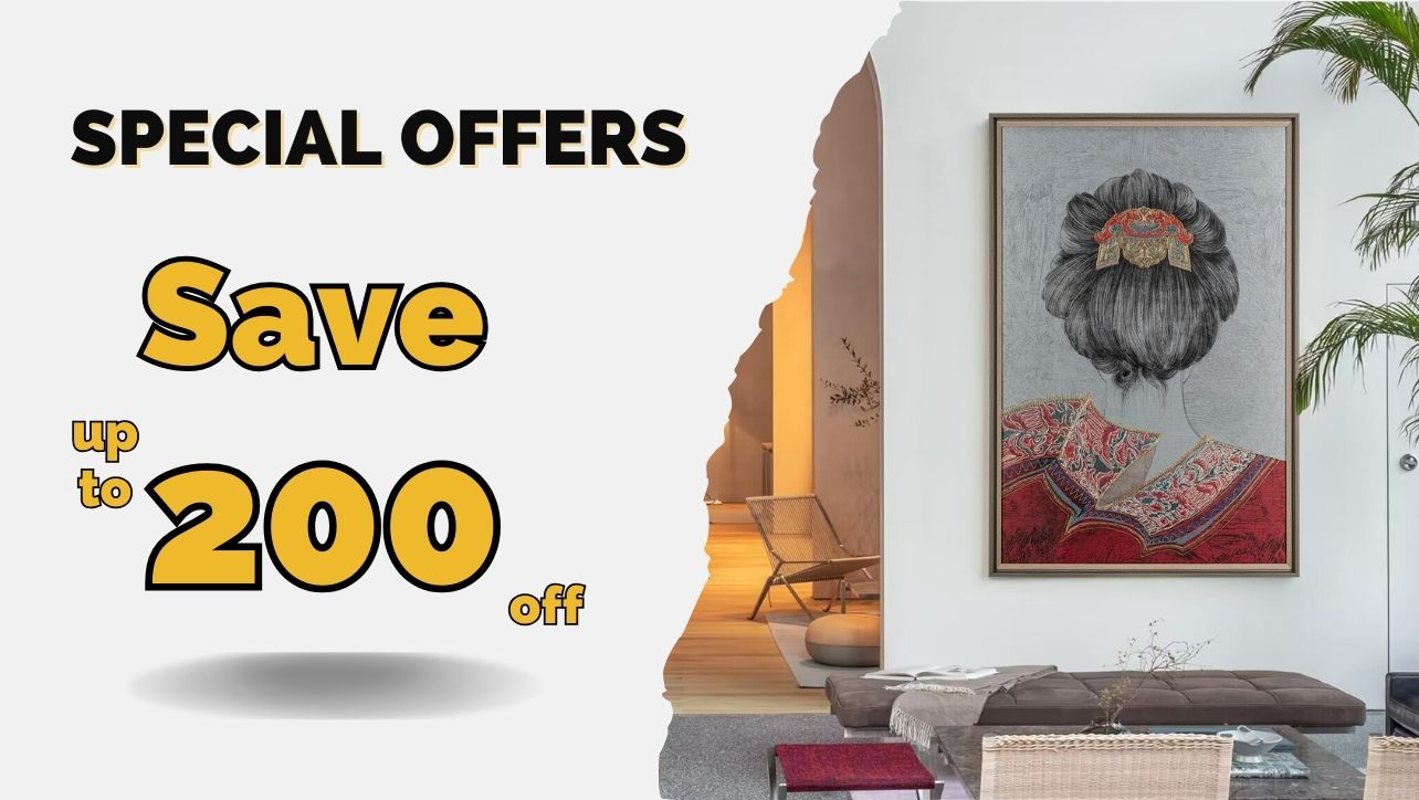 A promotional banner split into two sections. On the left, a white background with "SPECIAL OFFERS" in black text at the top and "Save up to 200 off" in large yellow text with a shadow effect. On the right, a modern living room with white walls, a framed artwork of a person in traditional attire, a brown cushioned bench, wicker chairs, a red stool, and a potted plant, all on a gray rug with wooden flooring.