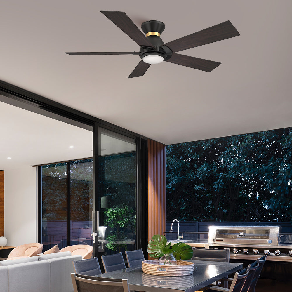 With modern design and a silent DC motor, this Aspen 52 inch flush mounted Wi-Fi ceiling fan in dark wood color is a stylish choice for your outdoor space. 