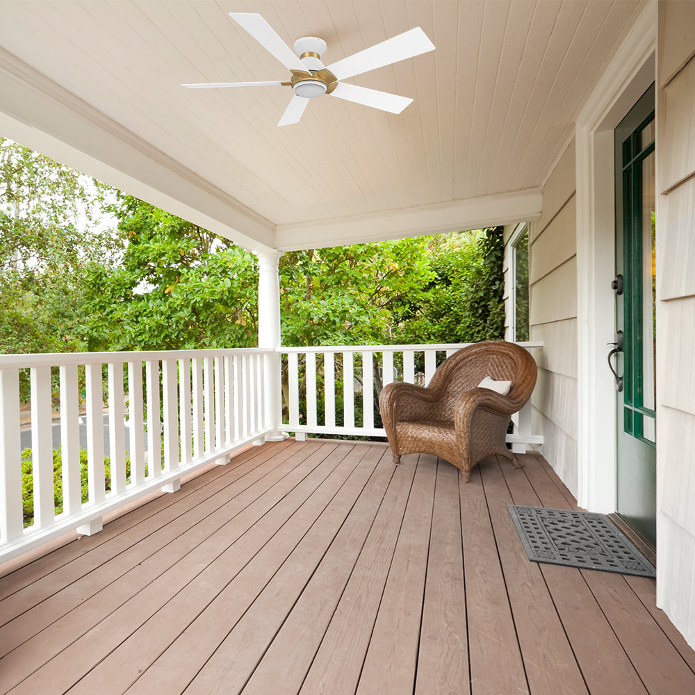 With modern design and a silent DC motor, this Aspen 52 inch flush mounted Wi-Fi ceiling fan in white color is a stylish choice for your outdoor space. 