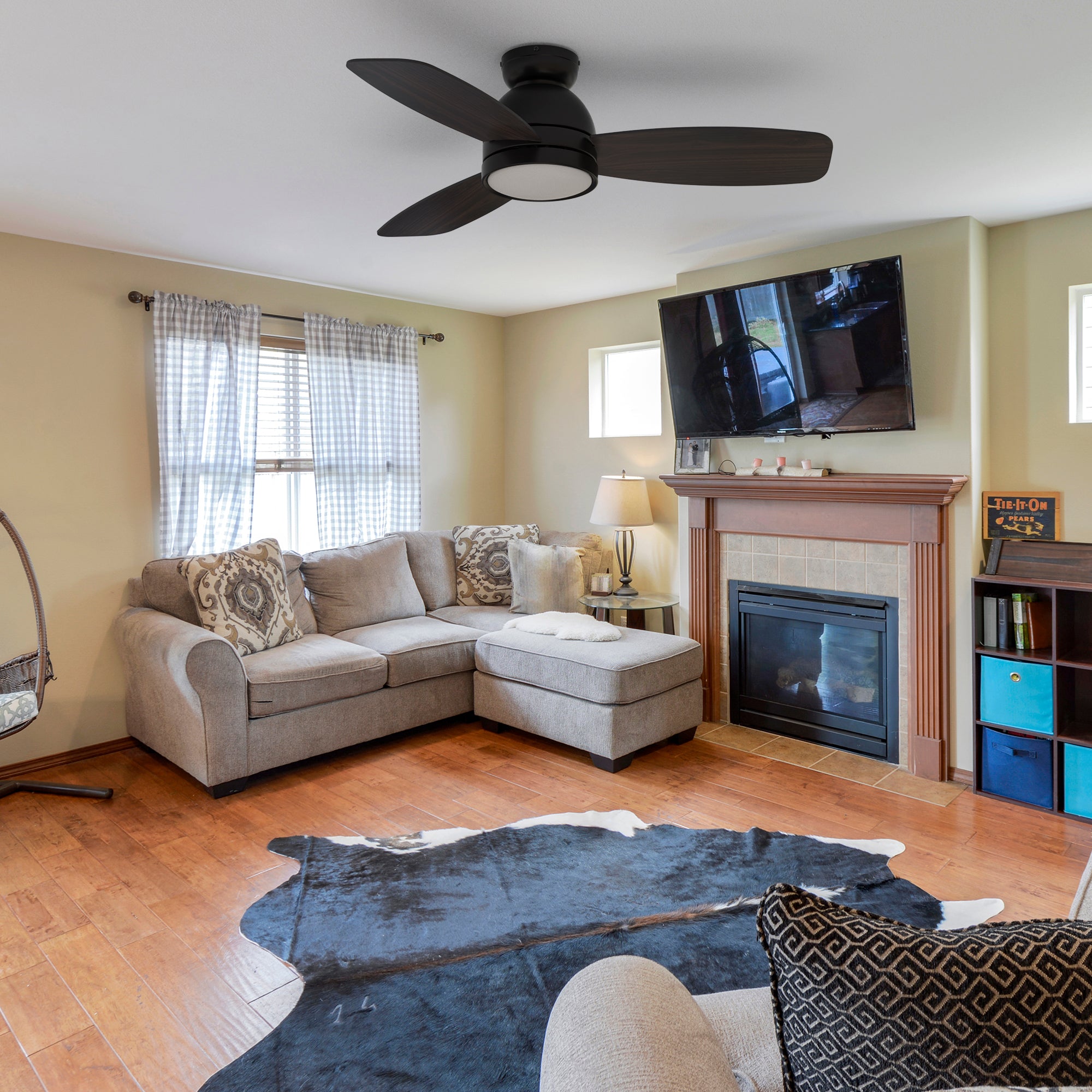Thibault 44inch black ceiling fan with dimmable led light and remote in modern living room. 