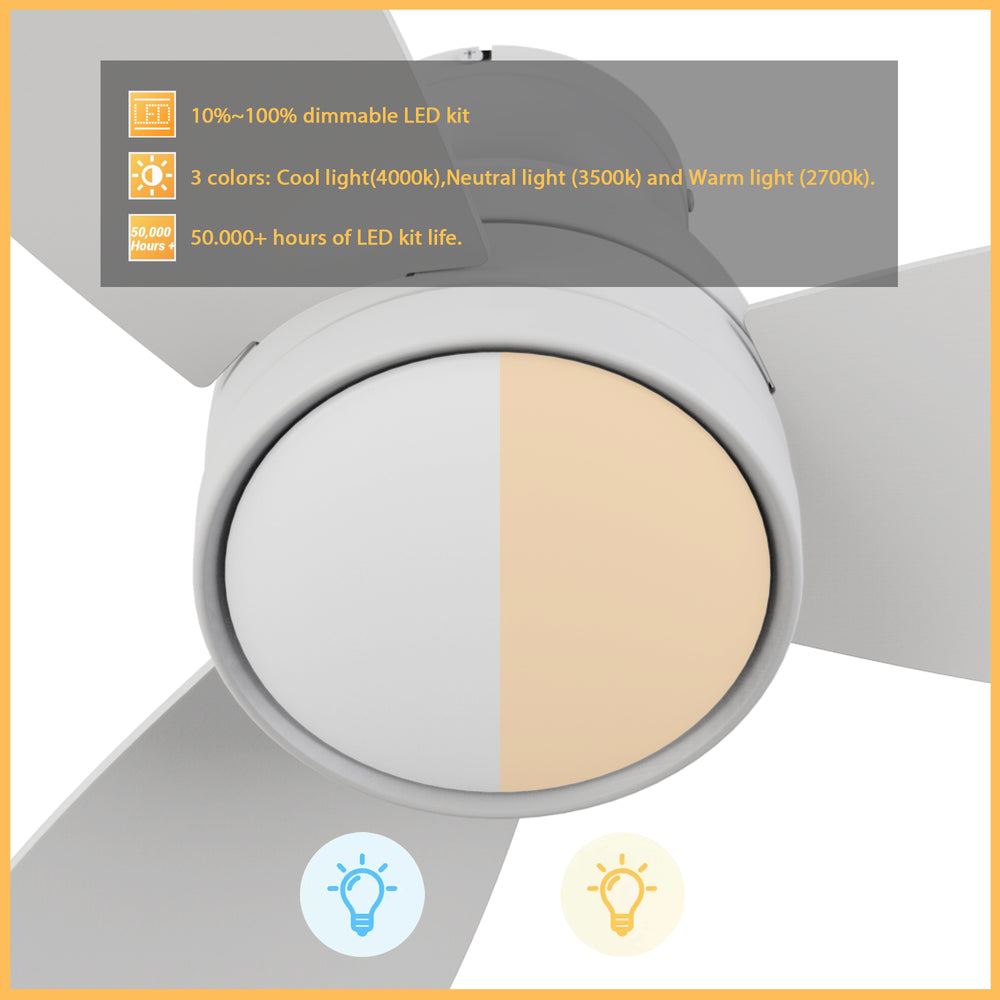 44-inch white flush mounting ceiling fan with 3-color dimmable led light. Up to 1300 lumens, allow you enjoy the cooling and brightness at the same time. 