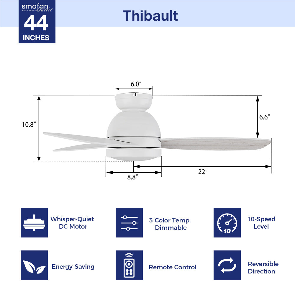 Transform your space with a 44-inch white low-profile ceiling fan. Enjoy the convenience of a remote-controlled 10-speed adjustable DC motor, 3-color temperature dimmable light with 1300 lumens, and an impressive 2800 CFM high air volume. 