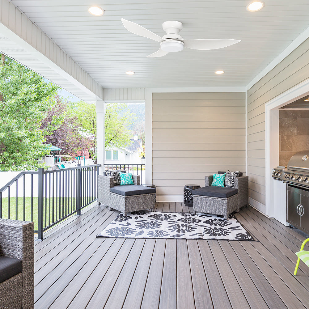 Stay comfortable and stylish with this 45-inch white outdoor ceiling fan featuring a timeless design and smart features.