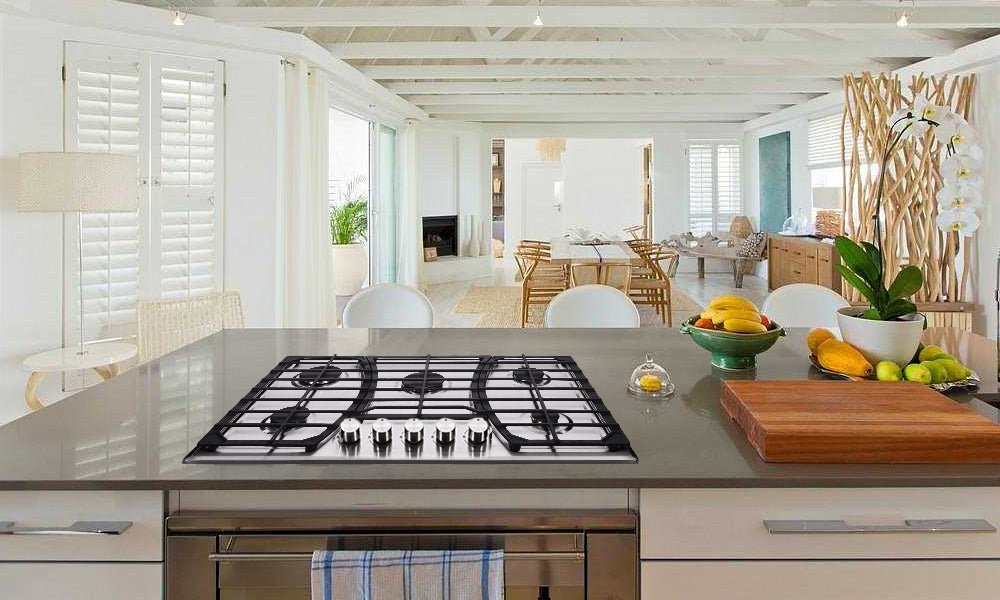 View of a brushed stainless sheet gas stove in modern kitchen