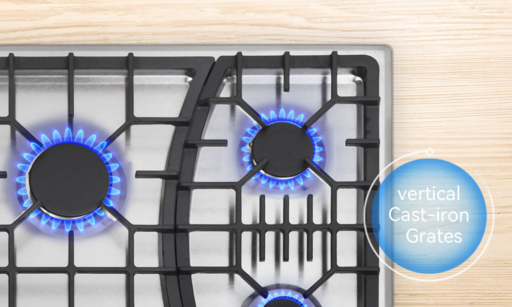 A gas stove with vertical cast-iron grates is suitable for stably place kitchenware