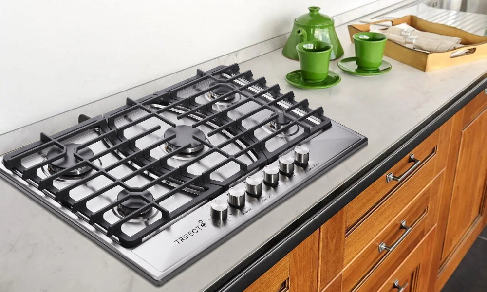 High-performance gas stove on elegant white marble kitchen countertop