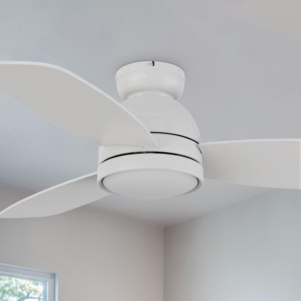 44-inch white flush mounting ceiling fan with light and remote. 
