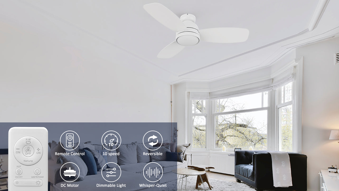 44-inch white ceiling fan with dimmable led light and remote, featuring with 10-speed reversible direction setting, 2800CFM airflow output, allows you to enjoy the breeze in summer.