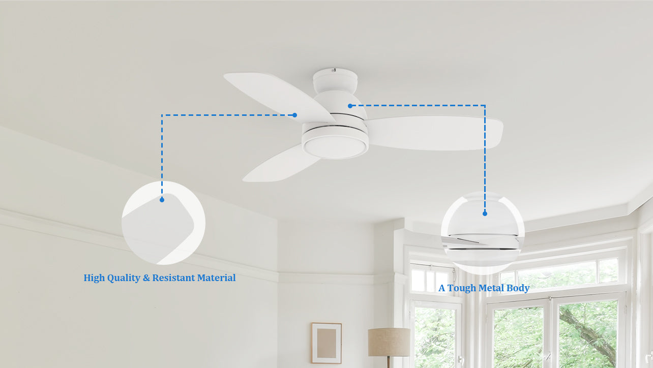 44-inch white ceiling fan with high-quality and resistant plywood-material blades, tough and durable. Featuring with dimmable 1300 lumens led light, remote control and 10-speed dc motor setting, this modern fan offer you 2800 CFM breeze in summer.