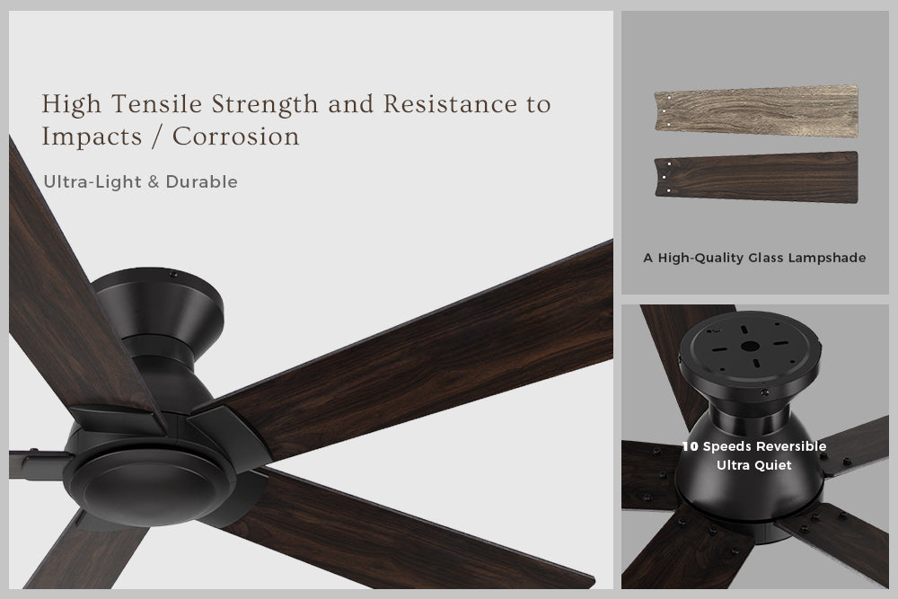 Ceiling fan with high-quality class lampshade is more durable. And the 10 speed reversible motor makes ceiling fan run ultra quietly. 