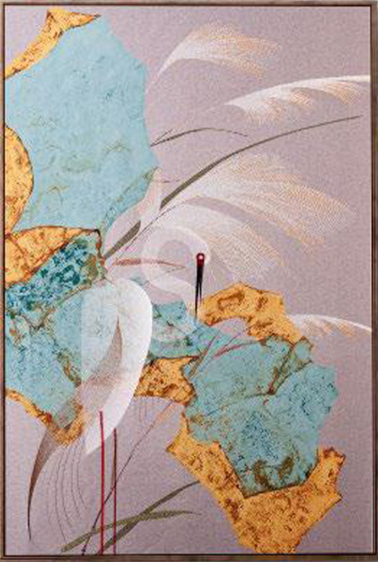 An embroidery artwork image about White Crane standing up near the stone