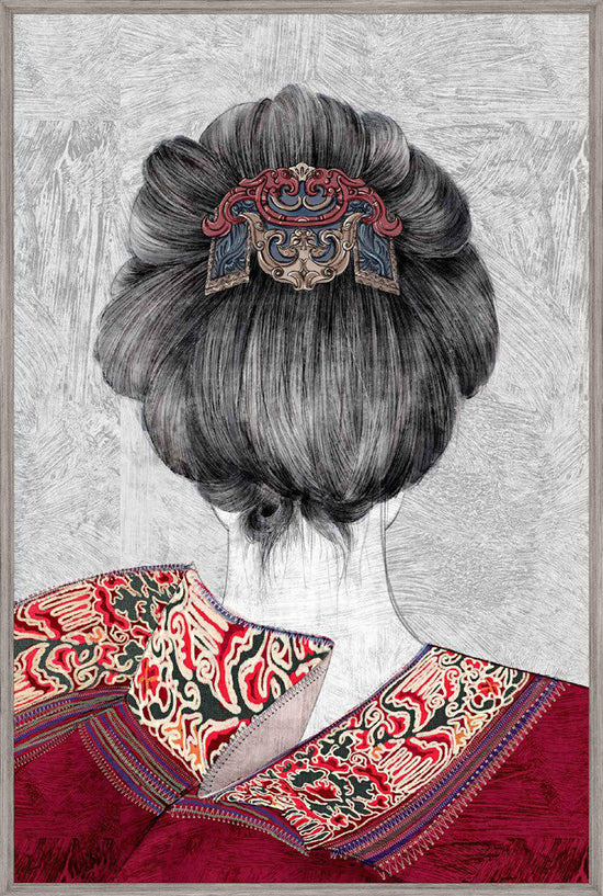 An embroidery artwork image about a women's hair back and wore the red traditional clothes.