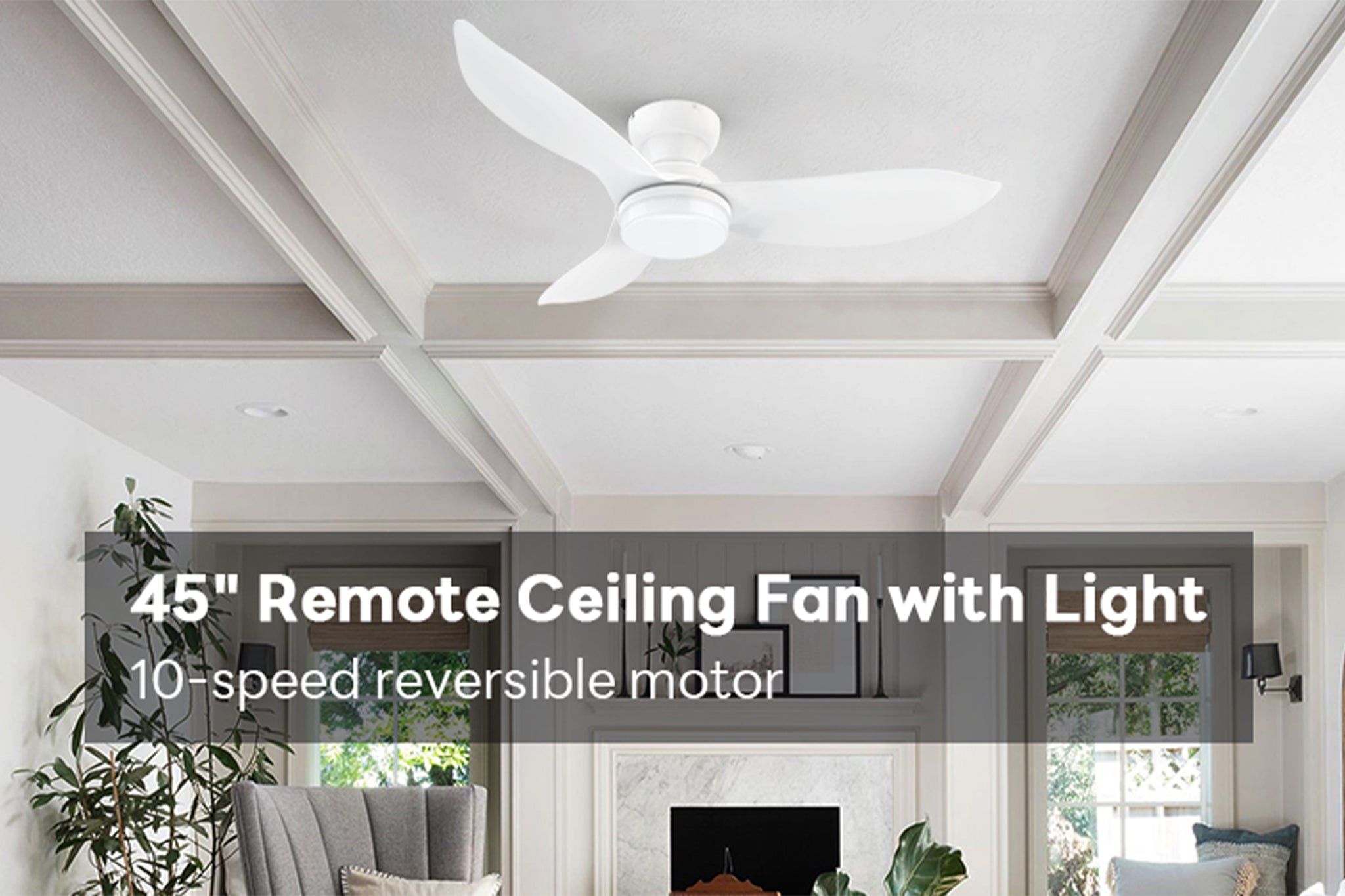 White flush mounting ceiling fan 45 inch with dimmable LED light and remote in modern living room.