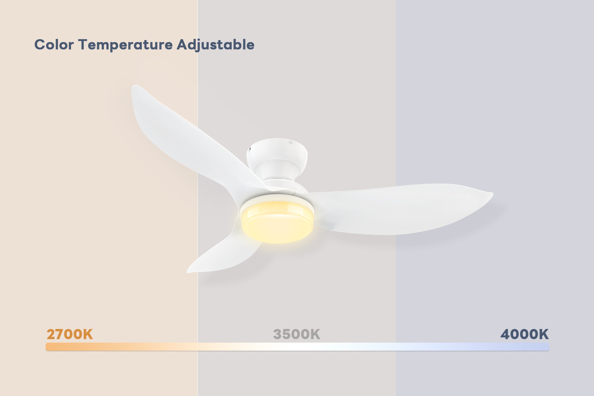 45 inch remote control white ceiling fan with three-color temperature dimmable LED light