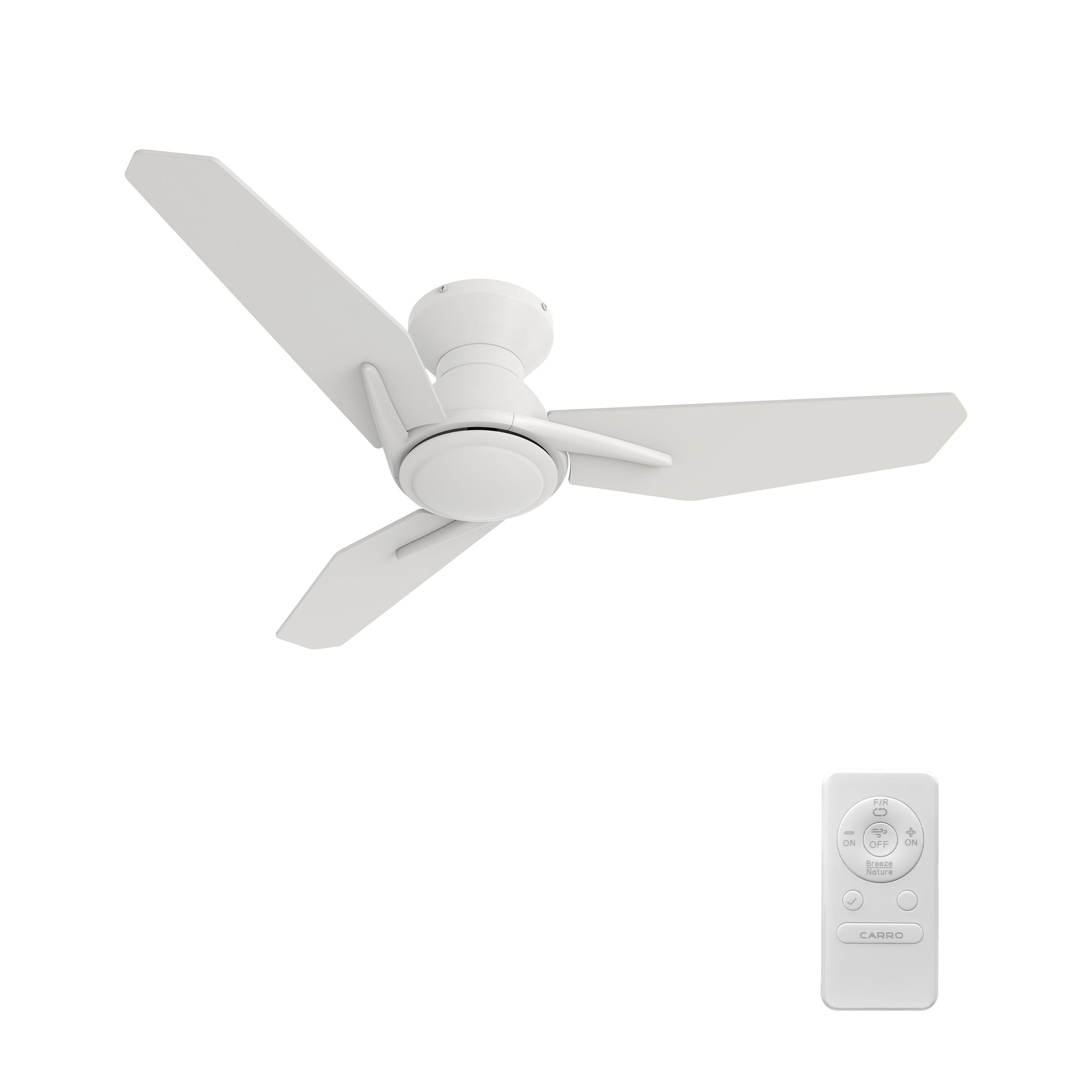 indoor Flush mount ceiling fan with remote, 3-plywood blades in white finish, modern stylish. Powered by a 10-speed DC motor and delivering a 2830 CFM airflow output, this contemporary ceiling fan provides you a refreshing breeze in summer. 