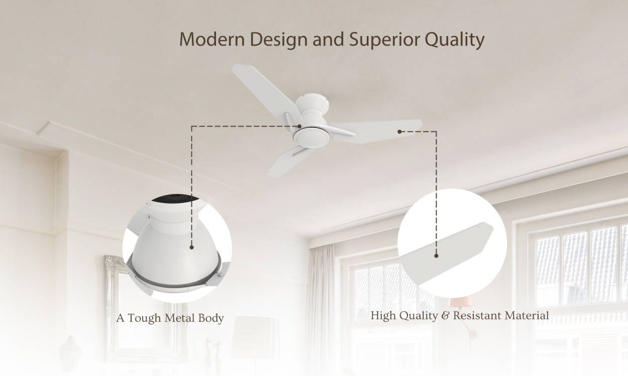 44-inch white flush mount ceiling fan with remote, featuring with tough metal body and high quality & resistant plywood material.