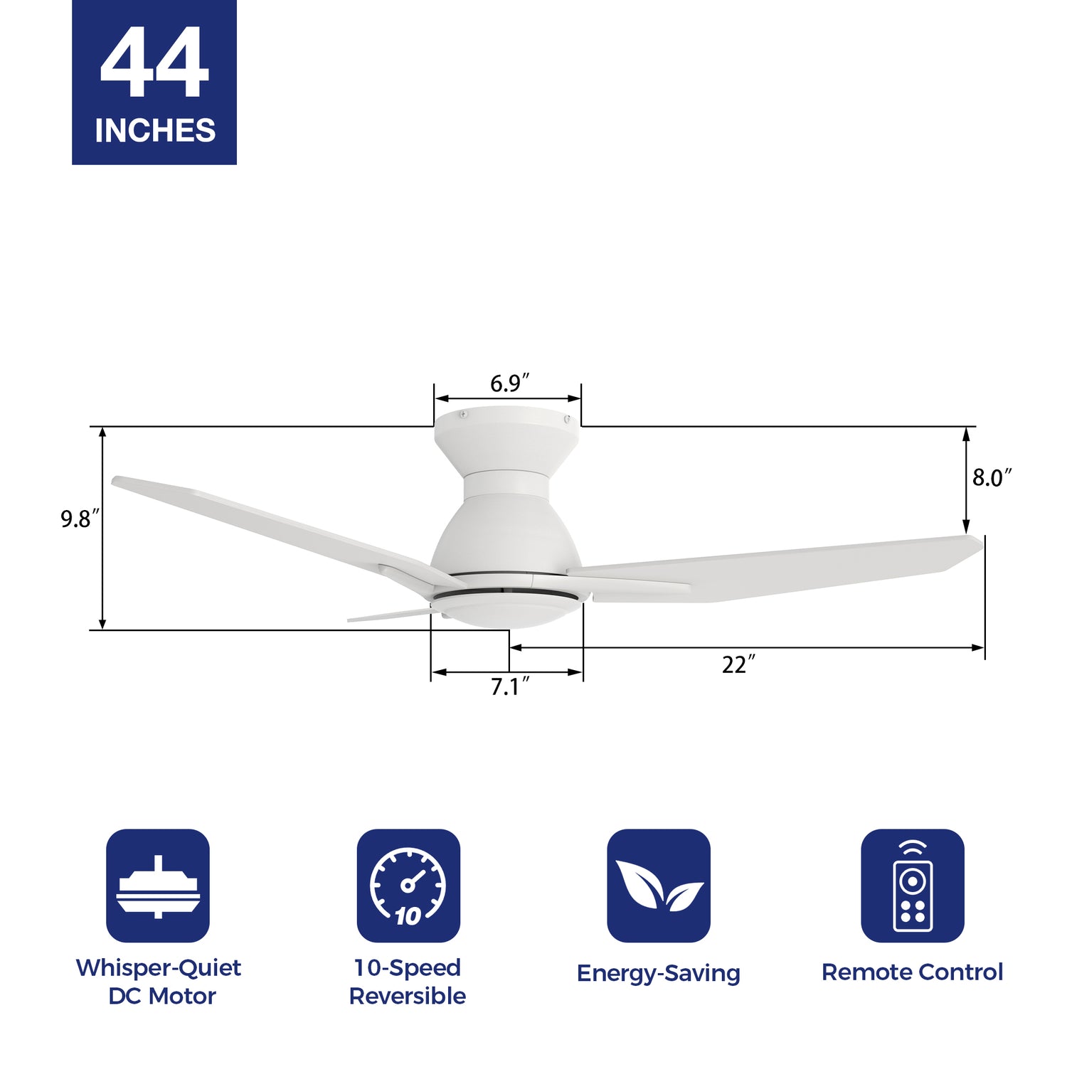 Indoor ceiling fan without lights 44 inch, featuring with whisper-quiet dc motor, reversible 10-speed setting, and remote control. 2830 CFM airflow output, providing you with a cool summer breeze. 