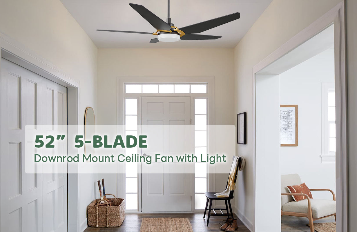 52-inch downrod mounting ceiling fan with dimmable LED light and remote in modern mud room.