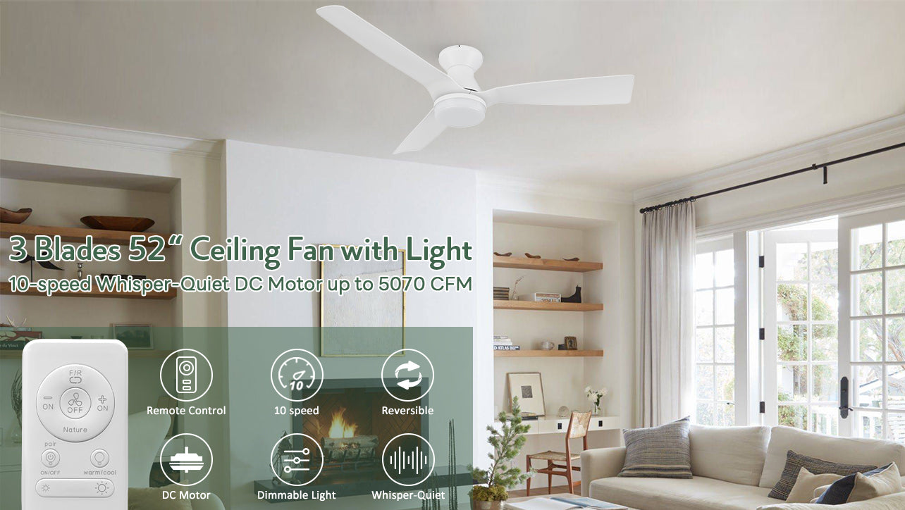 White low- profile ceiling fan matches with Light beige sofa, burning fireplace, mural with gold inlaid border, make the living room more modern design.