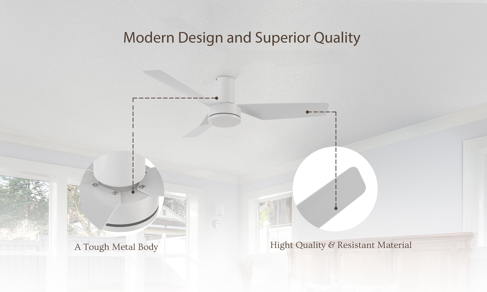 44-inch white ceiling fan with a tough metal body and high quality ABS blades.