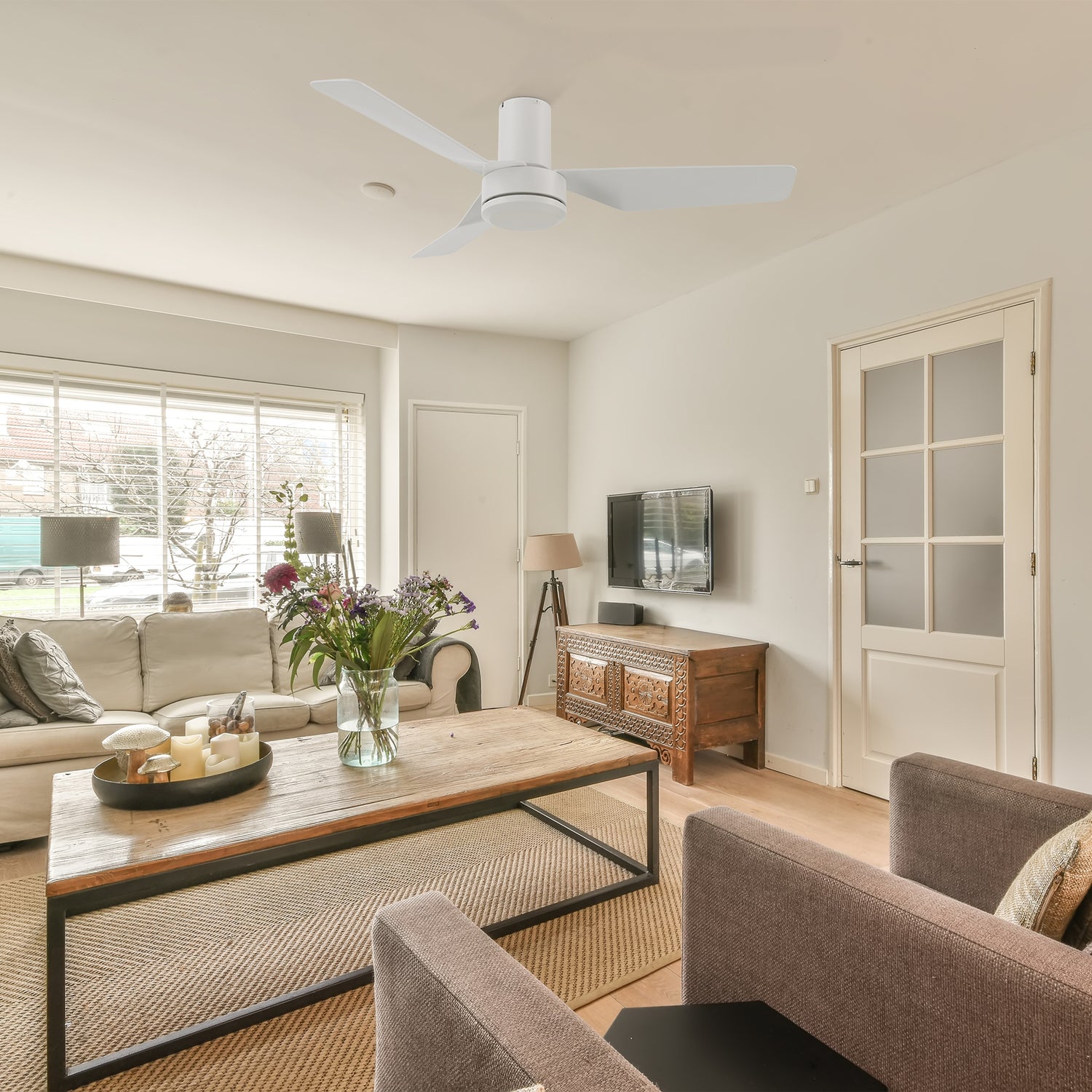 44in Ceiling Fan offers modern elegance for indoor spaces. Reversible DC motor, and large air volume for a cozy ambiance. 