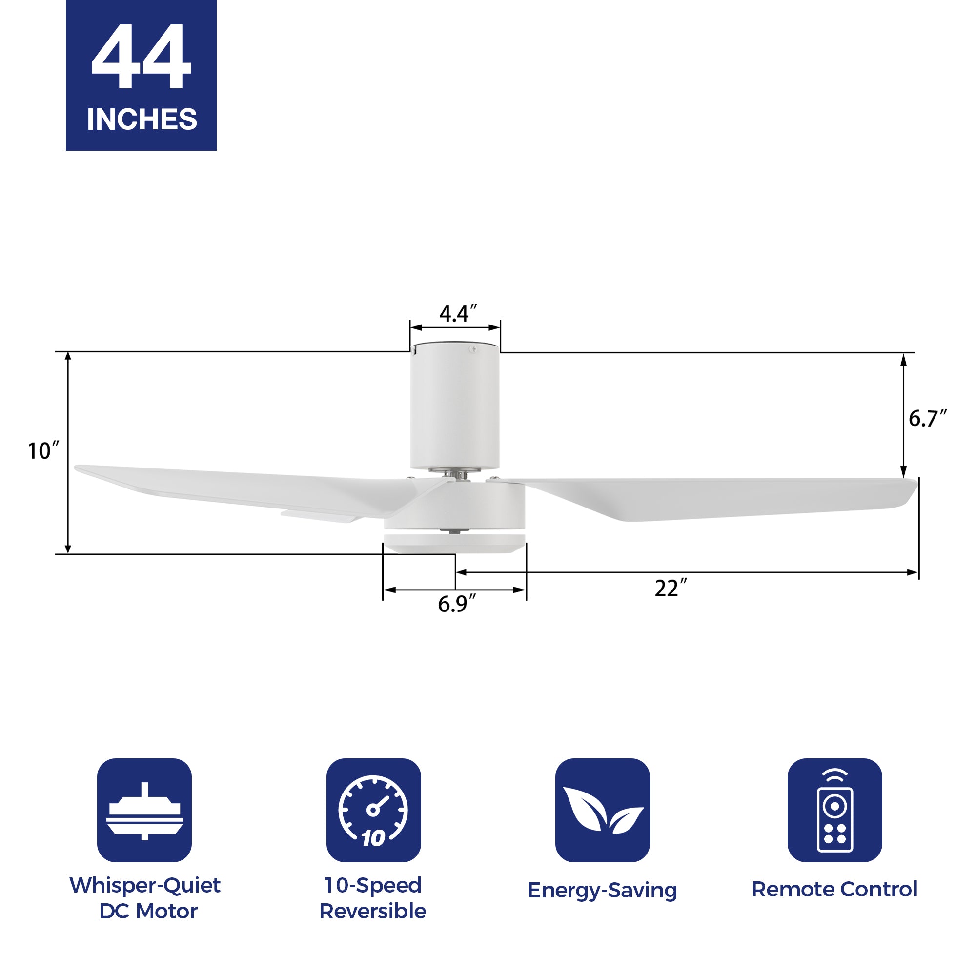 44in Ceiling Fan offers modern elegance for indoor spaces. Reversible DC motor, and large air volume for a cozy ambiance. #color_white