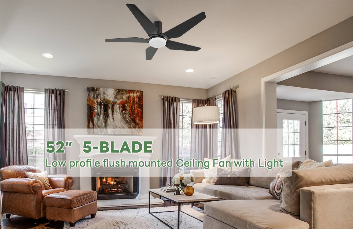 Black flush mounting ceiling fan matches with Leather sofas, burning fireplaces, hazy watercolors, and dark floor-to-ceiling curtains make the interior look particularly sophisticated.