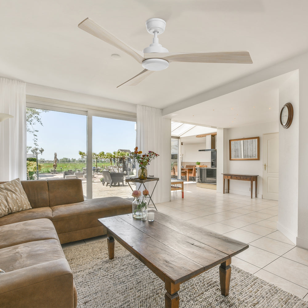 52in Ceiling Fan with Reversible DC motor, Solid Wood blades, and whisper-quiet operation. Perfect for modern living rooms. 