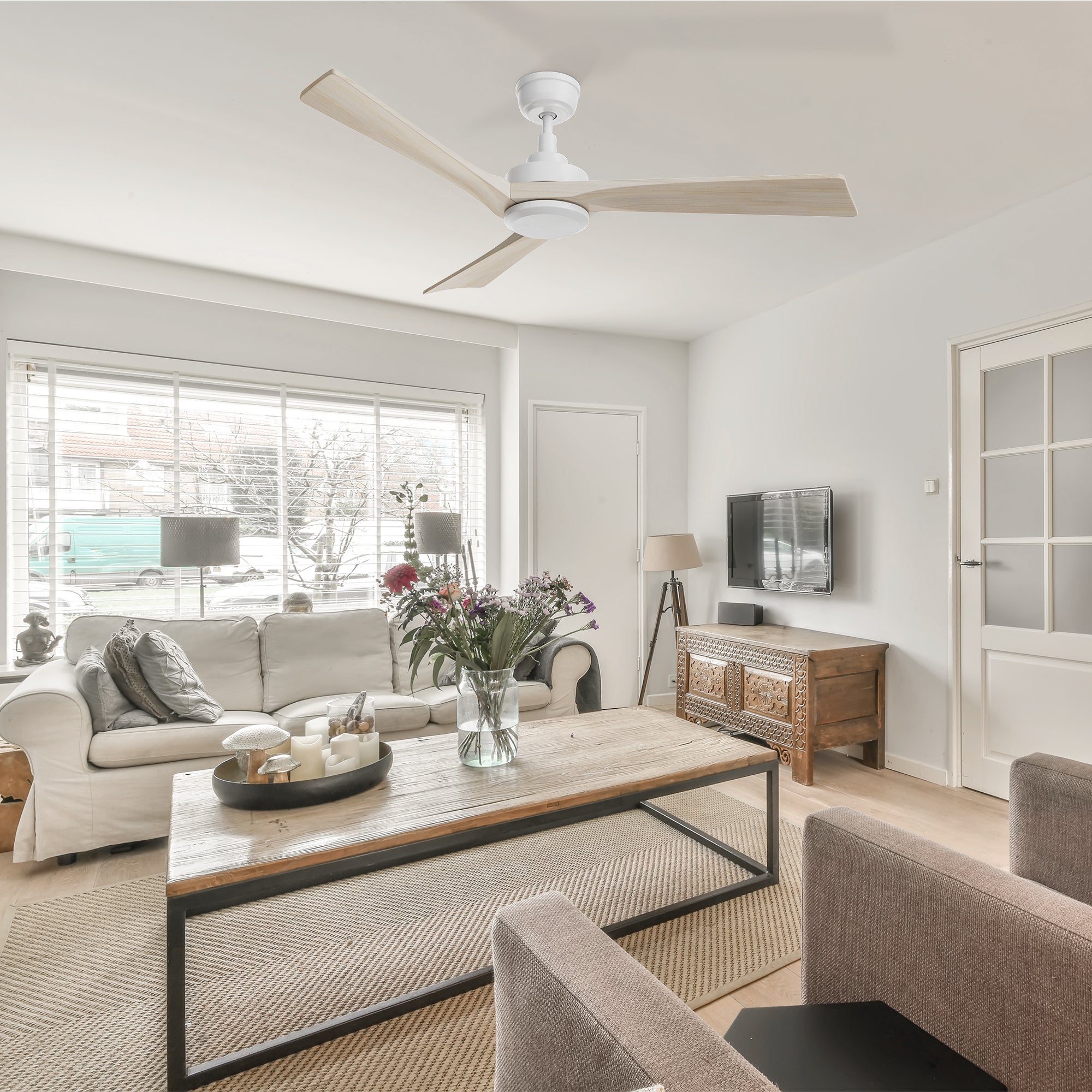 52in Ceiling Fan with Reversible DC motor, Solid Wood blades, and whisper-quiet operation. Perfect for modern living rooms. 