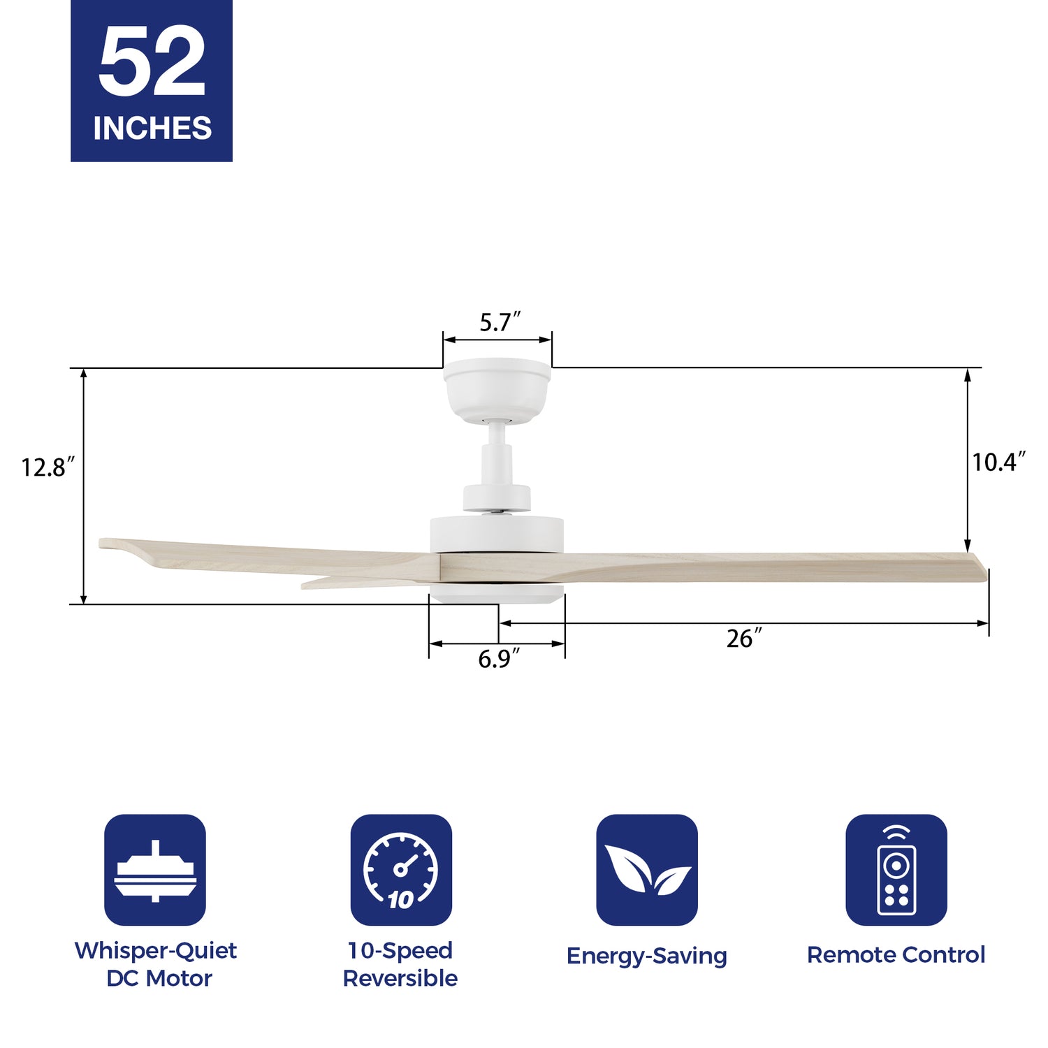 Enhance your indoor space with the 52in Ceiling Fan without lights. Reversible DC motor, Solid Wood blades, and modern design for personalized comfort. 