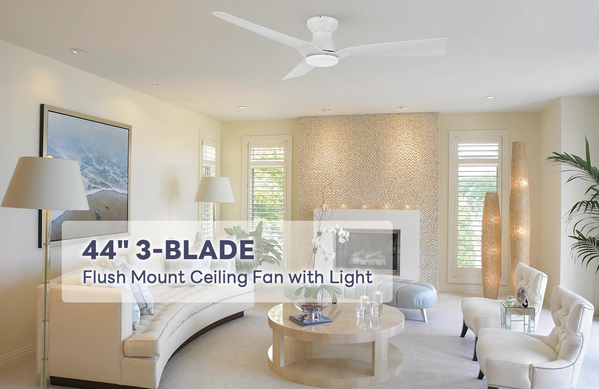 Ogden 44 remote ceiling fan without light matching with beige tones of the interior decoration, murals with ocean drawings, make the living room more artistic.