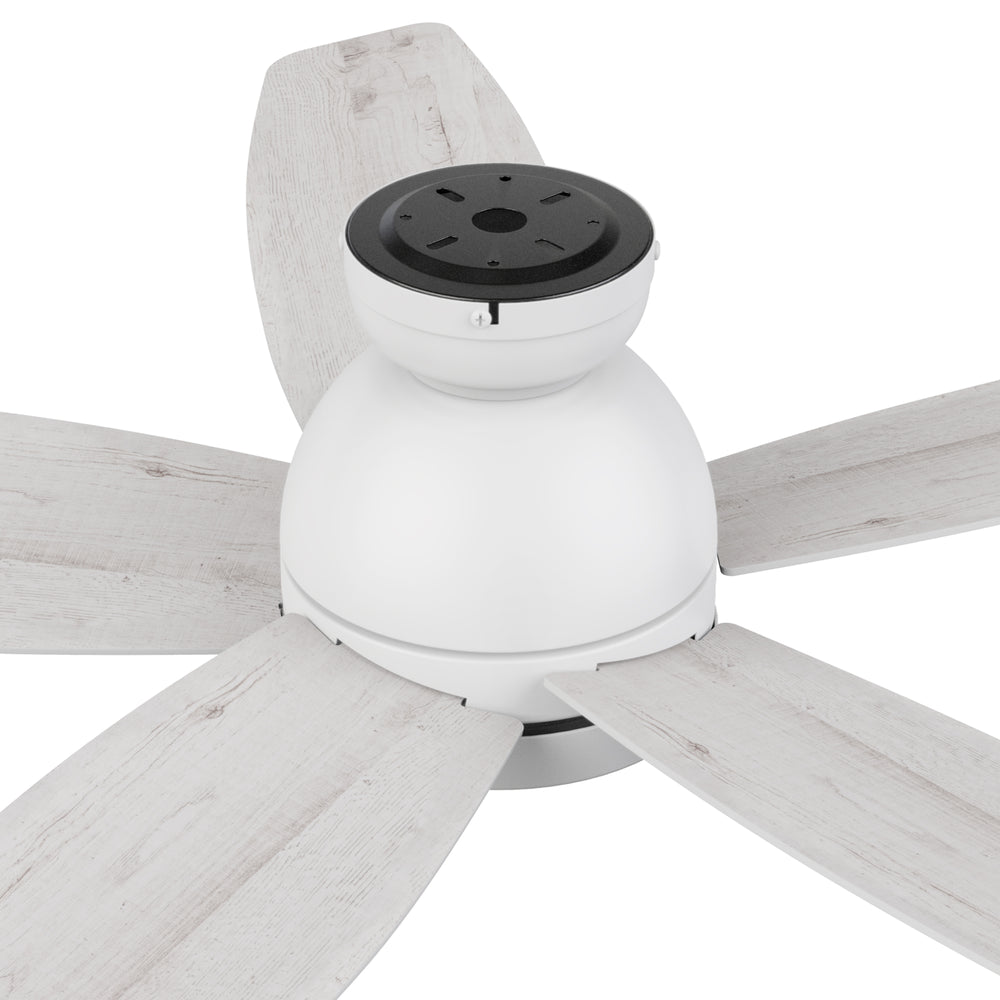 Close-up of a white low profile ceiling fan with five blades, featuring a minimalist and modern design with a light fixture, emphasizing the fan’s smooth, matte finish and clean lines. 