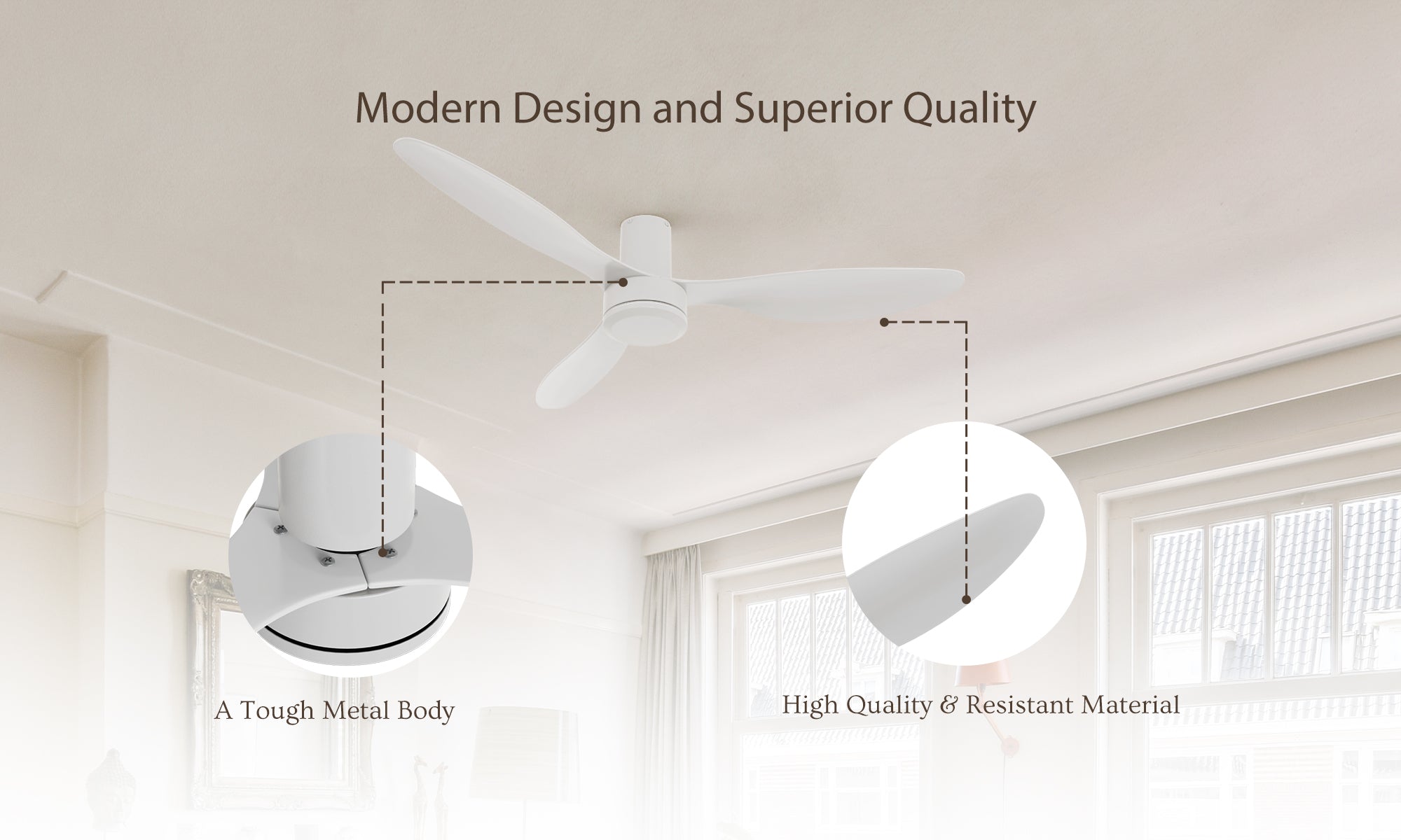 52-inch downrod mounting ceiling fan with a tough metal body and resistant plywood blades.
