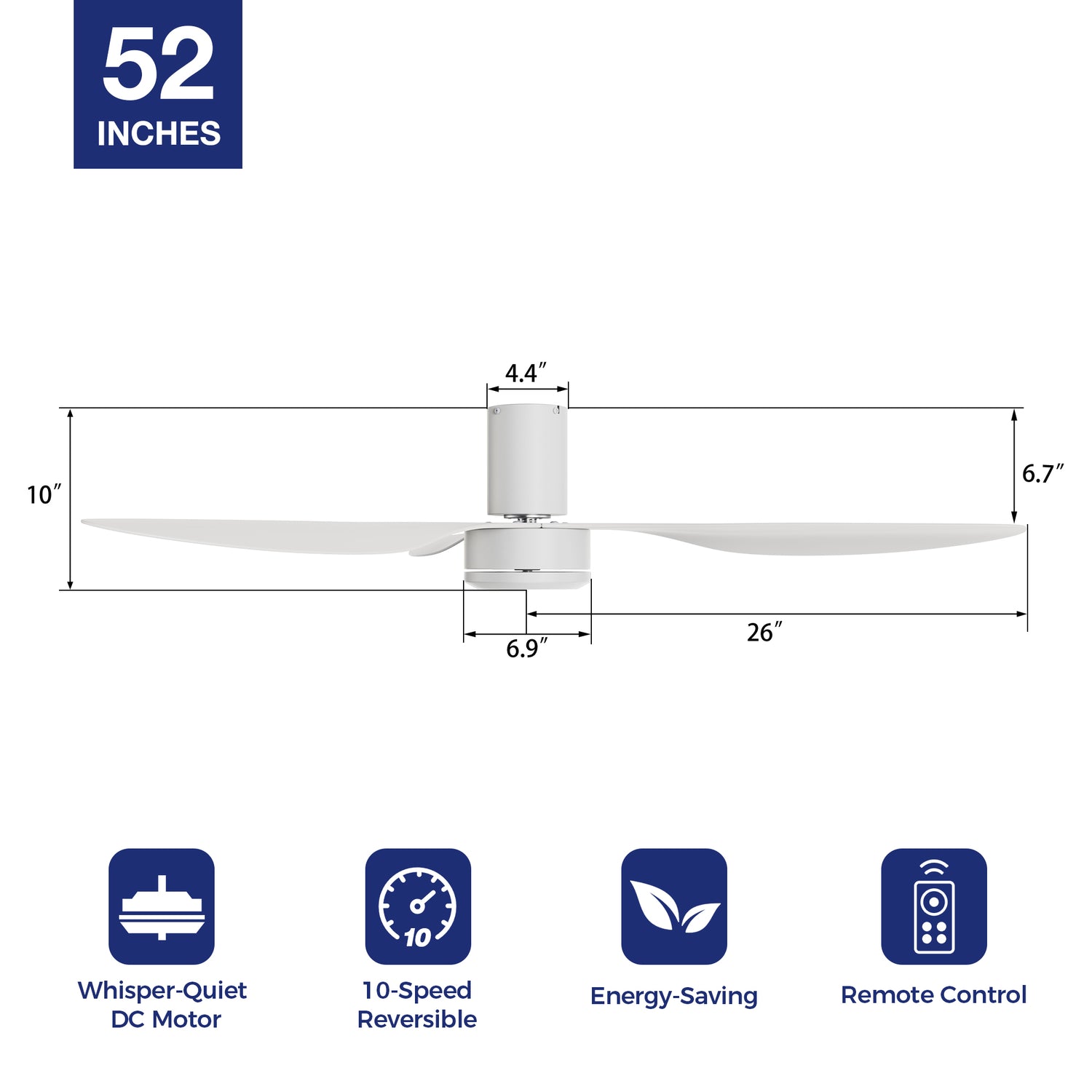 Enhance your indoor space with the 52in Ceiling Fan. Reversible DC motor, durable ABS blades, and modern design for personalized comfort. 