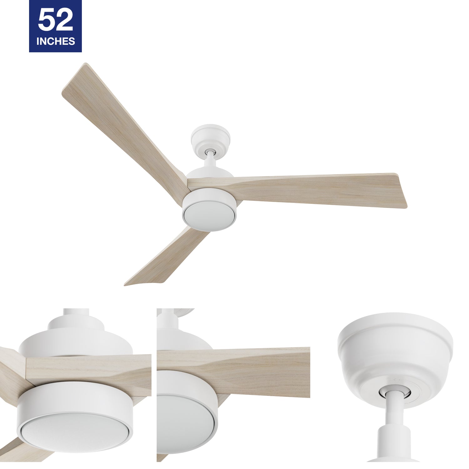 52in modern downrod mounted ceiling fan designs with white downrod and solid wood fan blades. 