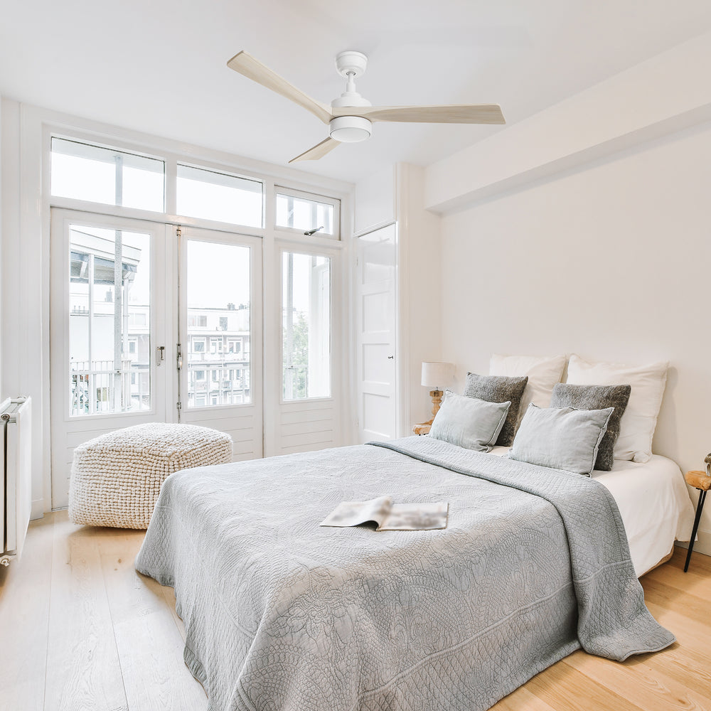Whisper-quiet morning in your bedroom with the 52in Ceiling Fan. Remote-controlled, reversible, and Solid Wood blades for personalized comfort. 