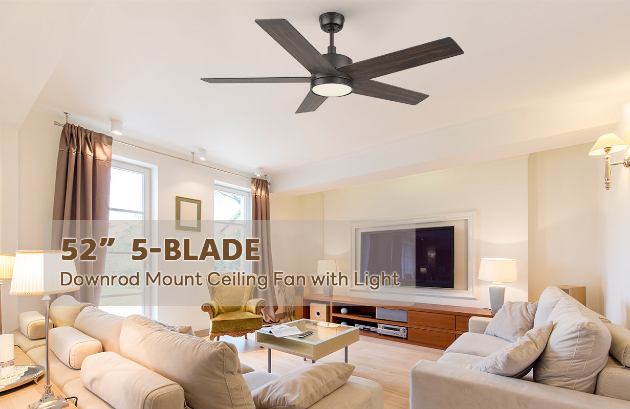 5-blade ceiling fan matches with beige leather sofa, LCD TV, dark wood grain TV cabinet, making the living room look particularly modern.