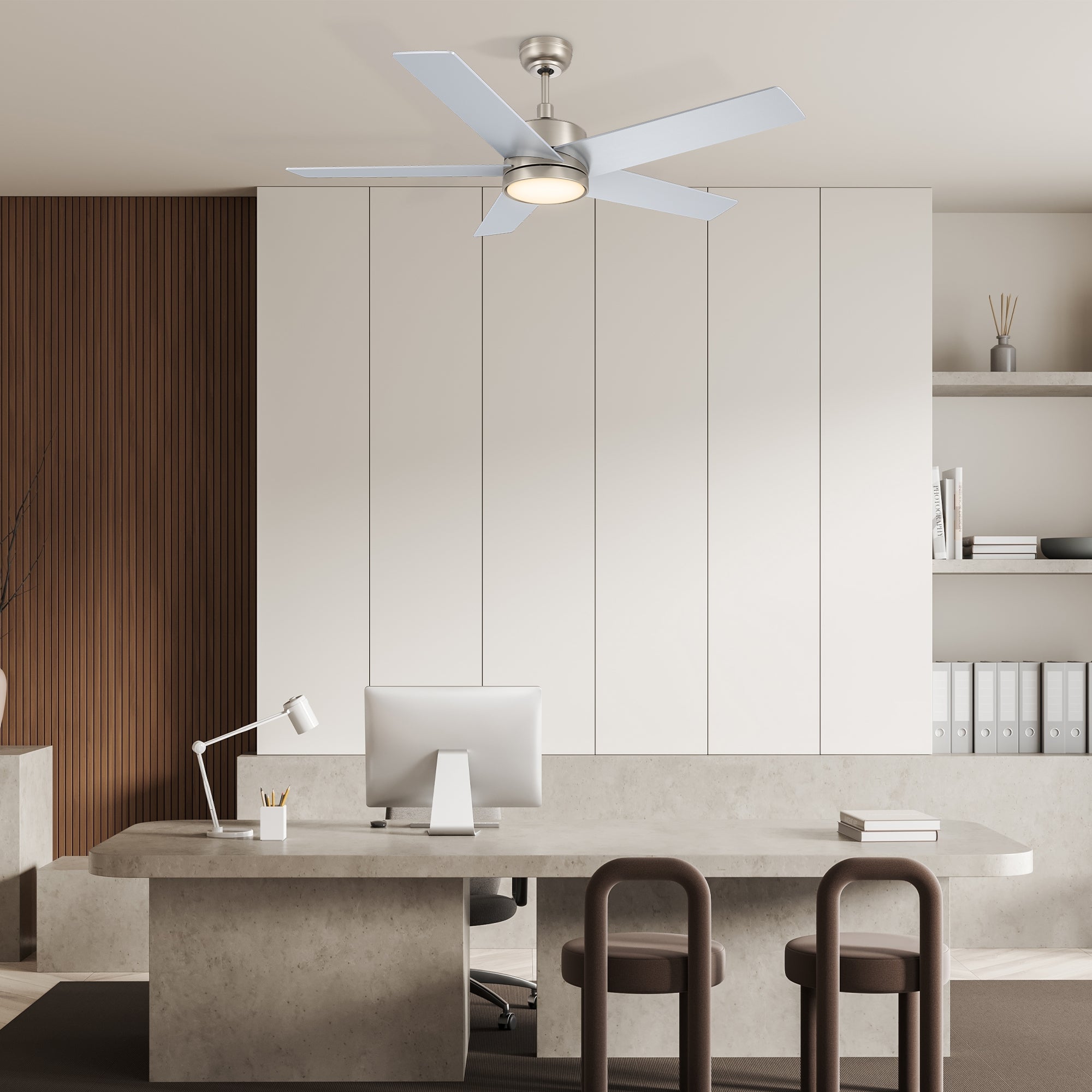 Study in modern comfort with 52in Silver Ceiling Fan. Reversible blades, whisper-quiet DC motor, and dimmable LED light for a medium space. 