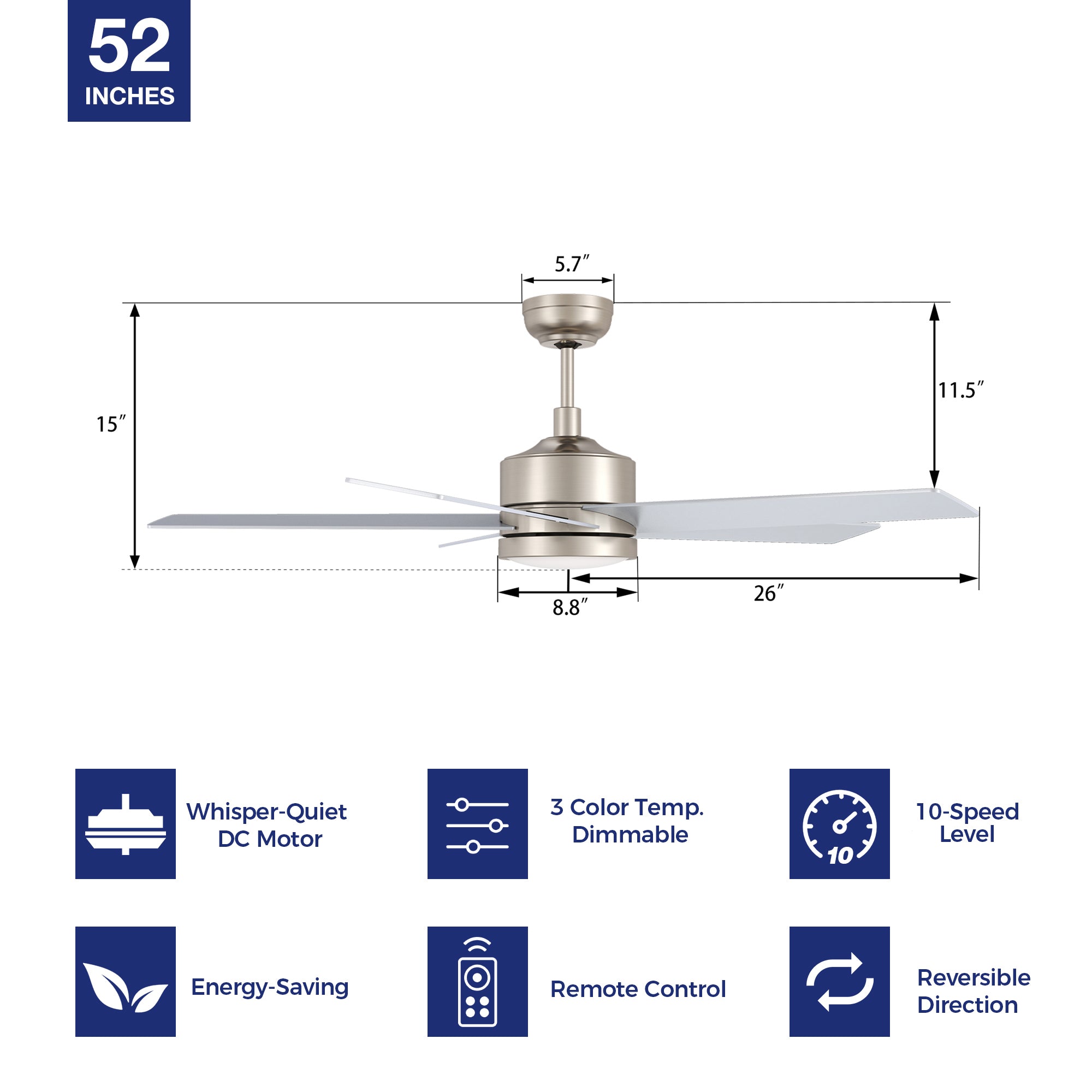 52in modern downrod mounted silver ceiling fan special features, whisper-quite dc motor, 3 color temp dimmable, 10-speed setting, remote control, energy-saving. 