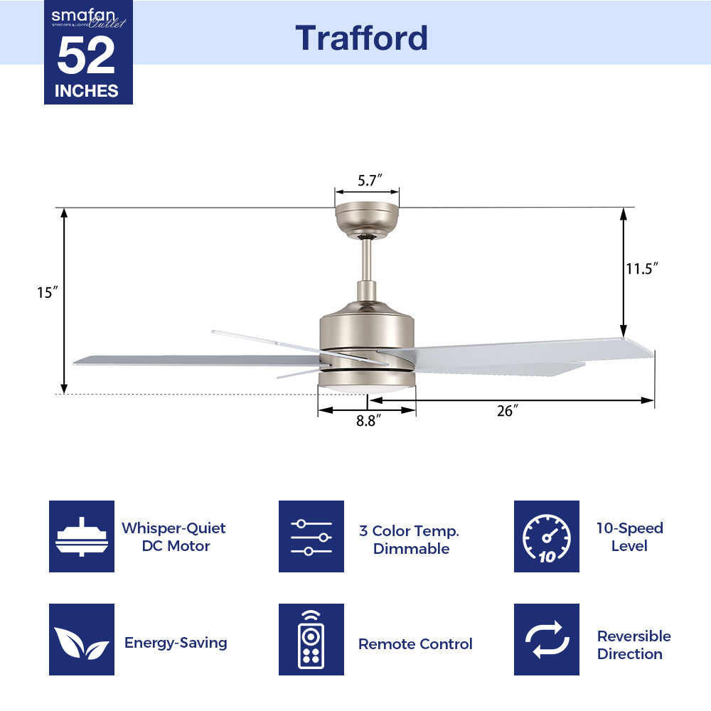 52in modern downrod mounted silver ceiling fan special features, whisper-quite dc motor, 3 color temp dimmable, 10-speed setting, remote control, energy-saving. 