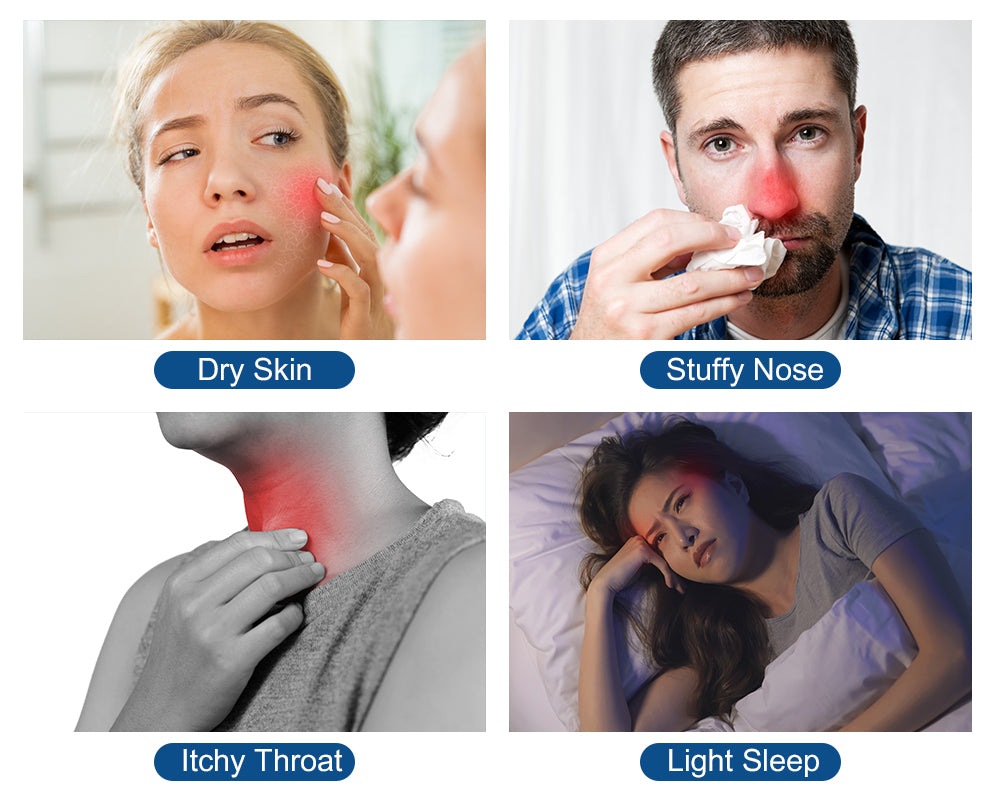 Four kinds of harm from dry air, such as dry skin, stuffy nose, itchy throat, and light sleep.