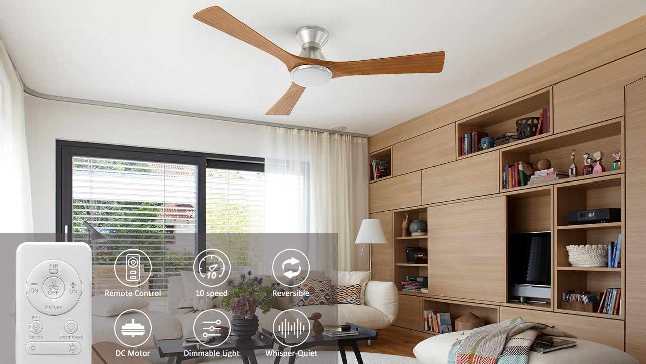 52-inch silver ceiling fan with dark color solid wood, which specially matches the dark wood grain wall cabinet in modern living room.