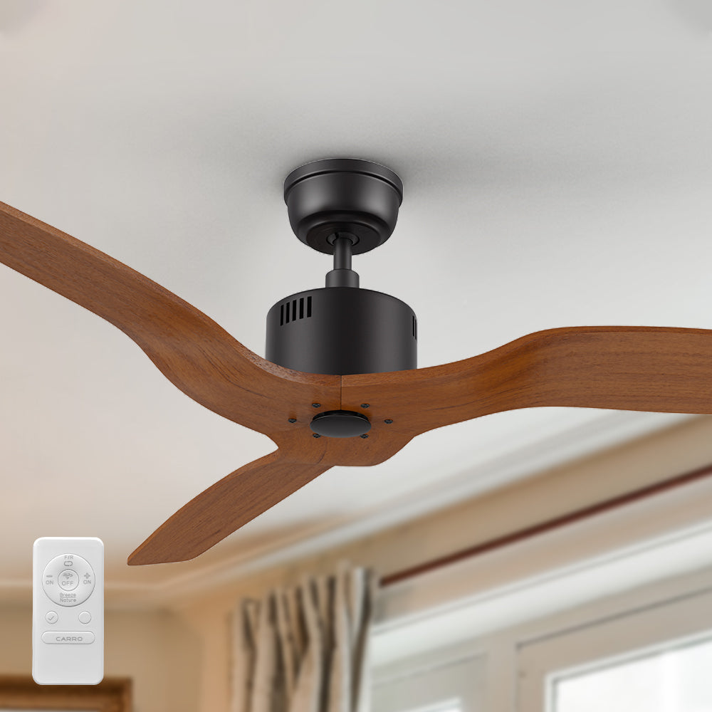 Yarmouth 52-inch farmhouse ceiling fan with wood blades and a remote control, installed in a stylish indoor space with soft lighting and minimalist décor. 