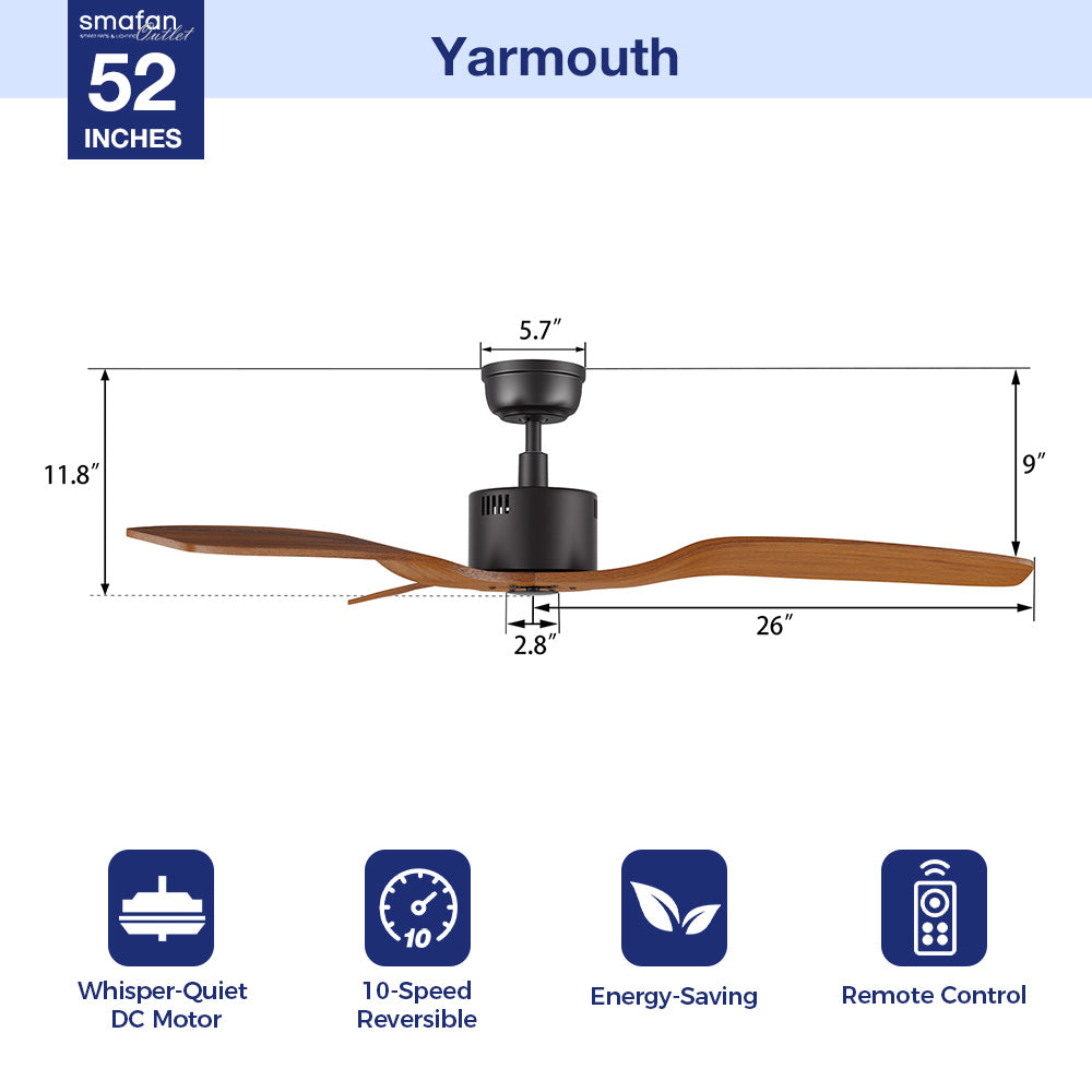 Feature highlight graphic of the Yarmouth 52-inch wood ceiling fan, emphasizing its 10-speed DC motor, remote control functionality, and energy-saving design. 